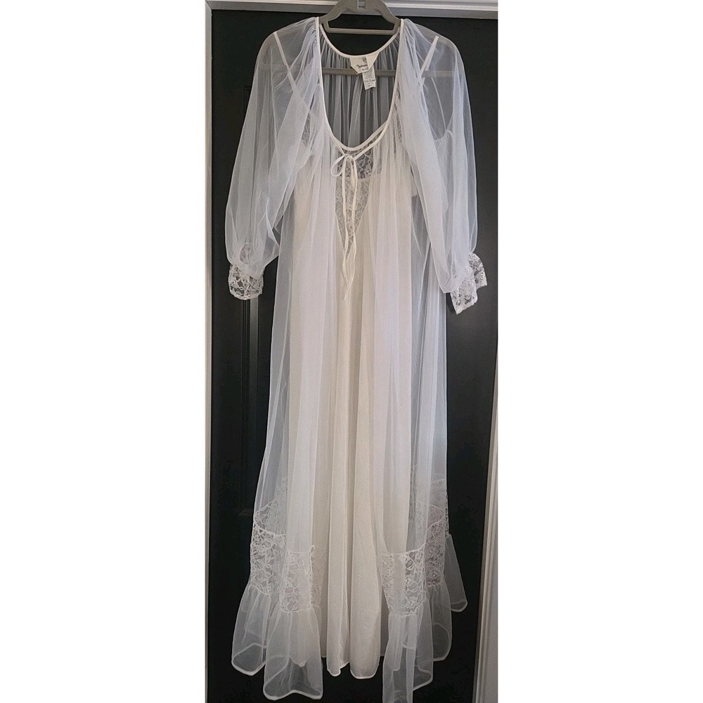 Vtg White Penoir Set Nylon Maxi Gown Undercover Wear Chiffon Robe Lace Trim
